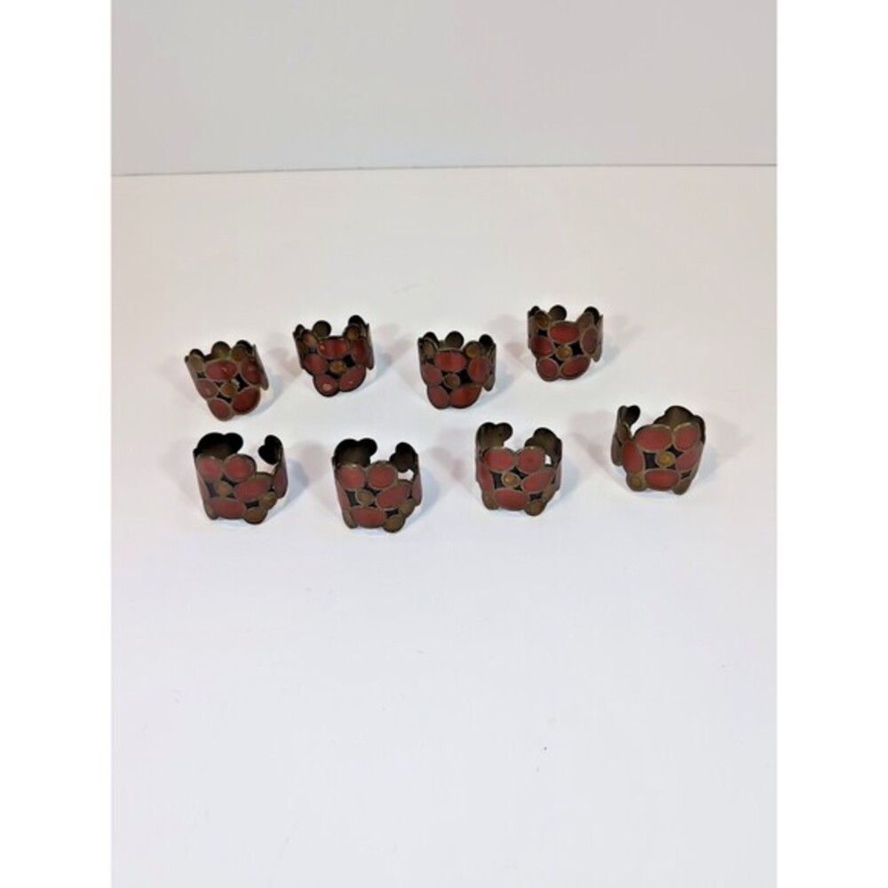Vintage Brass Enamel Napkin Rings ‎ Maximalist MCM Geometric Dots India Set of 8